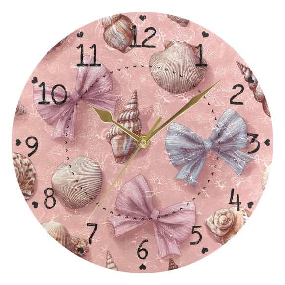 Seashells Bows Cute Round Wall Clock Silent Analog Battery Operated Gold Pointer Home Decor 9.84" Diameter