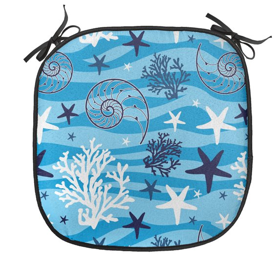 Seashells Chair Seating Cushion, Nautical Underwater Universe Design of All Creatures Scallop Motif Illustration, Soft Seat Pads for Office with Anti-slip Backing, 16"x16", Blue White, by Ambesonne