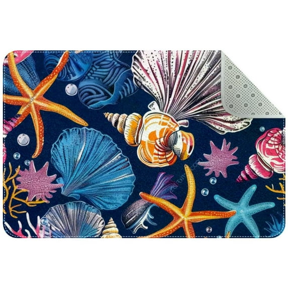 Seashells Corals and Starfishes Marine Pattern Small Area Rug, Non-Slip Door Mat Indoor Floor Mat, Washable Kitchen Rug Entrance DMat for Bedroom Living Room