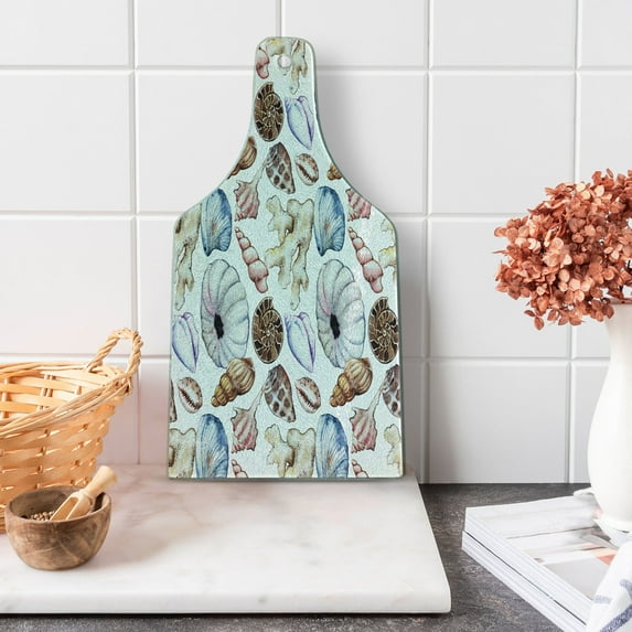 Seashells Cutting Board, Clam Coral Watercolor Urchin Sealife Reef Creative Warm Weather Background Beach, Tempered Glass Cutting and Serving Board, Wine Bottle Shape, Multicolor, by Ambesonne