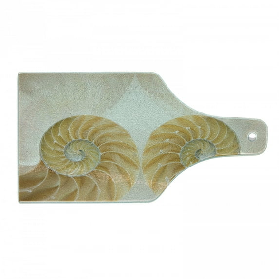 Seashells Cutting Board, Close-up Inside out 2 Sides of Seashell Geometric Mirrored Symmetric Vision, Decorative Tempered Glass Cutting and Serving Board, Wine Bottle Shape, Cream White, by Ambesonne