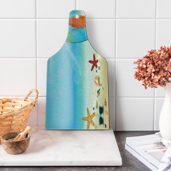 Seashells Cutting Board, Holiday Theme Sunglasses Beach Summer Surfboard Daytime Sunny Starfish Seashells, Tempered Glass Cutting and Serving Board, Wine Bottle Shape, Multicolor, by Ambesonne