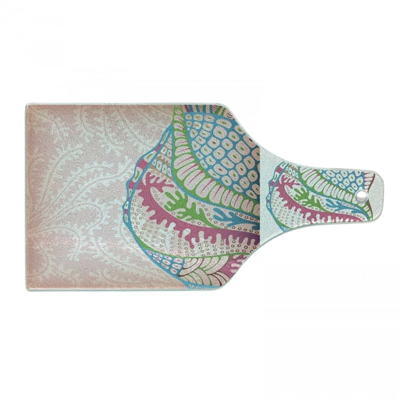 Seashells Cutting Board, Ornate Colorful Seashells Illustration in Different Slides Vitality Theme, Tempered Glass Cutting and Serving Board, Wine Bottle Shape, Pink Blue Green, by Ambesonne