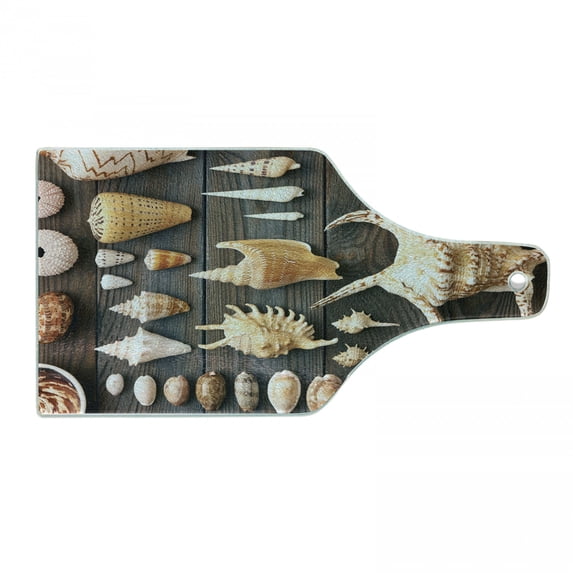 Seashells Cutting Board, Seashell Background Still Life Spiral Wooden Table Rural Rustic Country Theme, Tempered Glass Cutting and Serving Board, Wine Bottle Shape, Multicolor, by Ambesonne