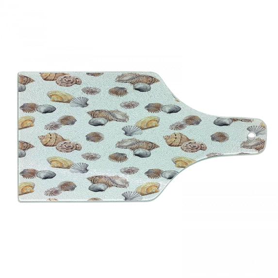 Seashells Cutting Board, Shell Pattern Seashore Holiday Journey Illustration Marine Backdrop, Tempered Glass Cutting and Serving Board, Wine Bottle Shape, Marigold White Mauve, by Ambesonne