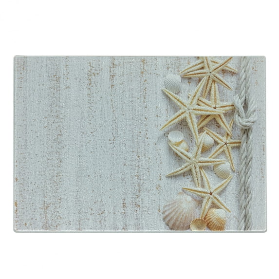Seashells Cutting Board, Starfish Marine Rope in Vertical Direction Wood Surface Ocean Beach Nautical Print, Decorative Tempered Glass Cutting and Serving Board, Small Size, Ivory, by Ambesonne