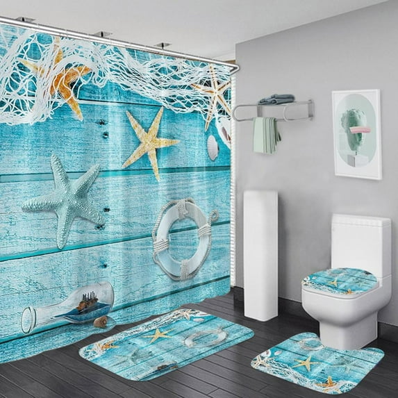 Seashells Decor Shower Curtain, Seashells And Starfish With Sand On Wood Surface Ocean Marine Beach Theme Shower Curtain Set with 12 Hooks, 72 X 72 Inches