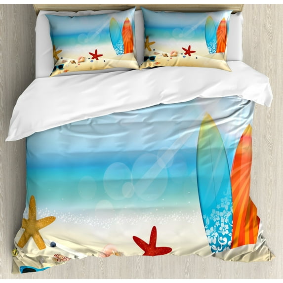 Seashells Duvet Cover Set King Size, Holiday Theme Sunglasses Beach Summer Surfboard Daytime Sunny Starfish Seashells, Decorative 3 Piece Bedding Set with 2 Pillow Shams, Multicolor, by Ambesonne