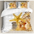 thumbnail image 1 of Seashells Duvet Cover Set, Shells and Starfish Reflection Water Golden Yellow Spa Clear Beach Theme, Decorative 3 Piece Bedding Set with 2 Pillow Shams, Calking Size, Earth Yellow Cream, by Ambesonne, 1 of 3