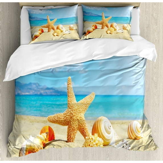 Seashells Duvet Cover Set, Summer Beach Theme and Sand with Rays in the Sky Clouds Seaside Marine, Decorative 3 Piece Bedding Set with 2 Pillow Shams, Calking Size, Aqua Ivory Mustard, by Ambesonne