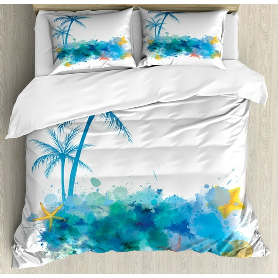 Seashells Duvet Cover Set, Summer View Watercolors Coconut Palm Trees and Splashes Hiding Starfishes Print, Decorative 3 Piece Bedding Set with 2 Pillow Shams, King Size, Blue White, by Ambesonne