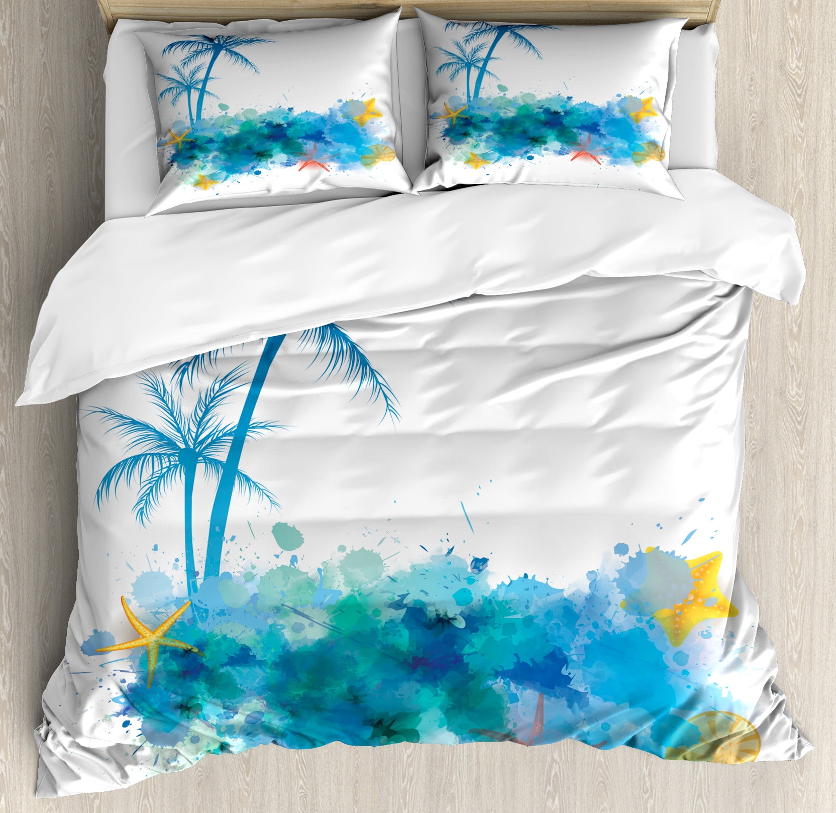 Seashells Duvet Cover Set, Summer View Watercolors Coconut Palm Trees ...