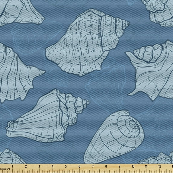 Ambesonne Seashells Fabric by the Yard Upholstery, Nautical Creative Shells, 5 Yards, Dark Turquoise Pale Blue