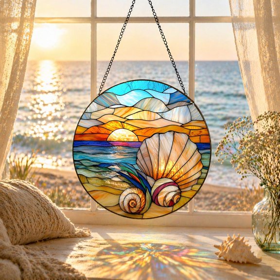 Seashells Faux Stained Glass Acrylic Suncatcher, Window Hanging Decor, Beach House Gift