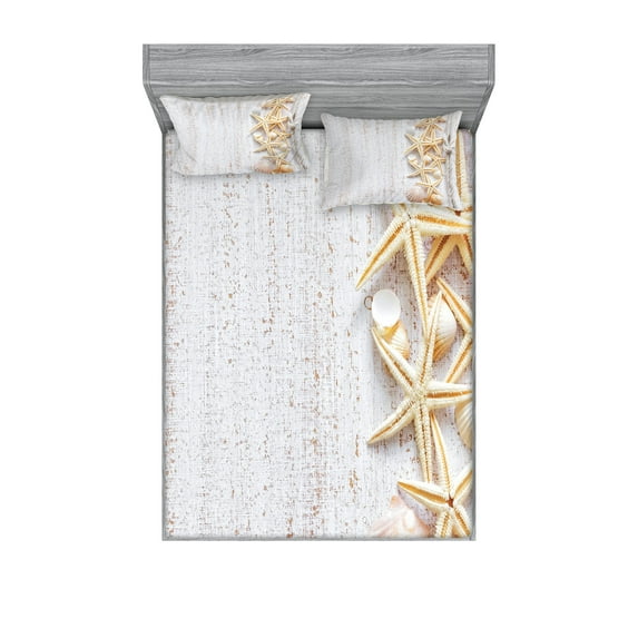 Seashells Fitted Sheet & Pillow Sham Set, Starfish Marine in Vertical Direction Wood Surface Ocean Beach Nautical Print, Decorative Printed 6 Piece Bedding Decor Set, King, Ivory, by Ambesonne