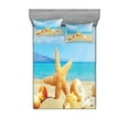 thumbnail image 1 of Seashells Fitted Sheet & Pillow Sham Set, Summer Beach Theme and Sand with Rays in the Sky Clouds Seaside Marine, Decorative Printed 6 Piece Bedding Decor Set, Full, Aqua Ivory Mustard, by Ambesonne, 1 of 3