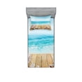 thumbnail image 1 of Seashells Fitted Sheet & Pillow Sham Set, Wooden Boardwald Sunshine Vacations Beach Theme, Decorative Printed 4 Piece Bedding Decor Set, Twinxl, Pale Brown Beige, by Ambesonne, 1 of 3
