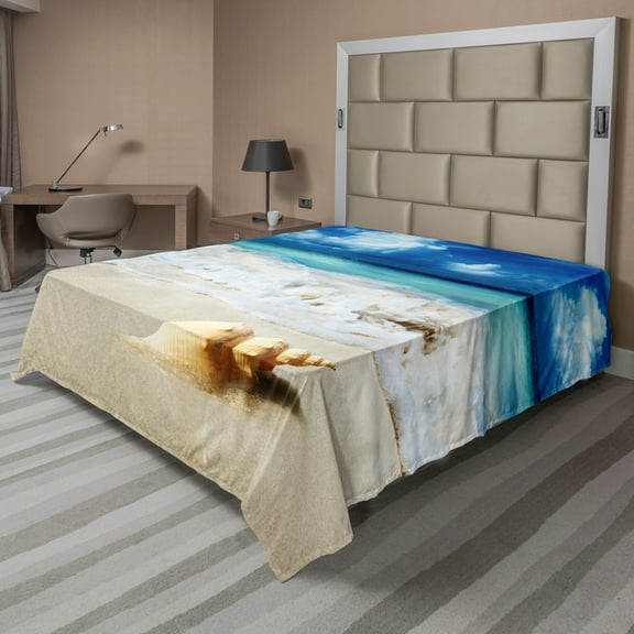 Ambesonne Beach Flat Sheet, Nautical Sunny Coastline, California King, Sand Brown Aqua Blue