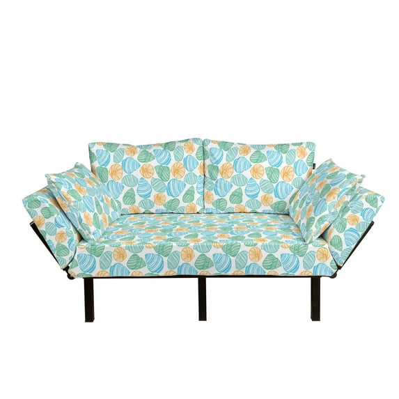 Seashells Futon Couch, Colorful Nautical Shells Ocean Elements Seascape Coastal Items, Daybed with Metal Frame Upholstered Sofa for Living Dorm, Loveseat, Sky Blue Orange, by Ambesonne