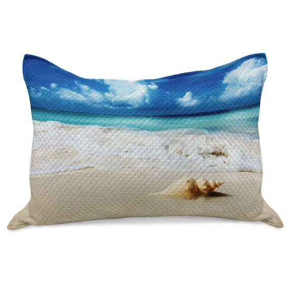 Seashells Knitted Quilt Pillowcover, Nautical Picture of Sunny Sandy Coastline Caribbean Ocean with Waves, Standard King Size Pillow Cover for Bedroom, 30" x 20", Sand Brown Aqua Blue, by Ambesonne