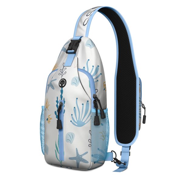 Seashells and Mermaid Nautical Sling Bag with Tropical Coral and Marine Creatures Print, Lightweight Crossbody Backpack, Adjustable Strap, Durable for Seaside and City Use