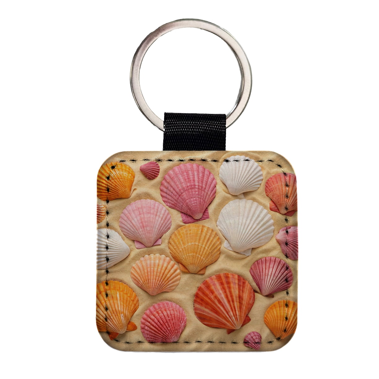 Sandy Cheeks Keychain Seashells On Sandy Beach Background Faux Leather Square Keychain ...