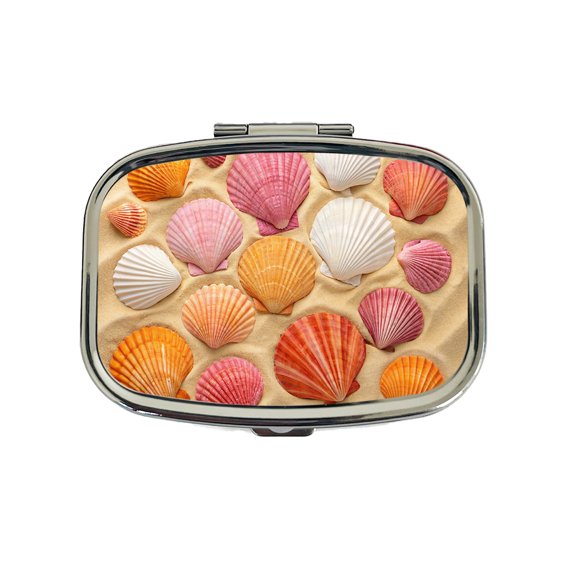 Seashells On Sandy Beach Background Small Travel Handbag Pill Box Case