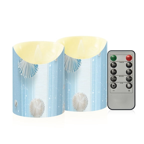 Seashells Pearls on Light Blue Background Flickering Flameless Candles with Remote Timer Battery Operated LED Tealight Set of 2 S