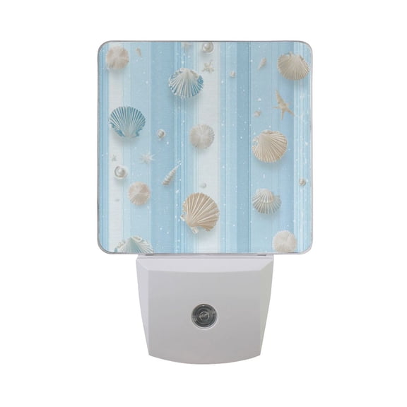 Seashells Pearls on Light Blue Background LED Night Light Sensor Lamp Plug-in Adjustable Brightness 2 Pack