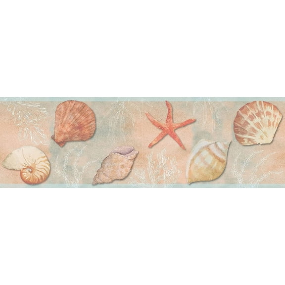 Seashells Peel and Stick Wallpaper Border 8in Height x 15ft Light Green Pink Orange Designs