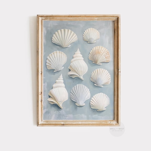 Seashells Poster Pastel Blue Beach Shells Coastal Bathroom Art Beach House Ocean Aesthetic Hamptons Nautical Decor P536 Modern Decor