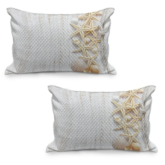 Seashells Quilted Pillowcover Set of 2, Starfish Marine in Vertical Direction Wood Surface Ocean Beach Nautical Print, Standard Queen Size Pillow Cover for Bedroom, 30" x 20", Ivory, by Ambesonne
