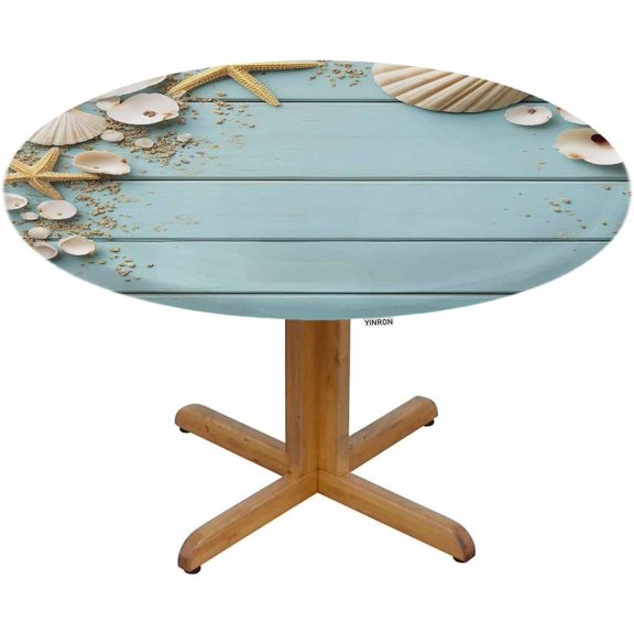 Seashells Round Table Cloth Wooden Nautical Starfish Elastic Edged Table Cover Fade and Stain Resistant Table Cloths Easy to Clean Fits Tables 40-44" Diameter