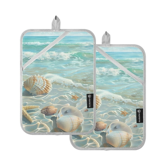 Seashells Sea Stars Beach Oven Mitts 2 Pcs Pot Holders Sets Heat Resistant for Kitchen Cooking Baking 7"x9.8"