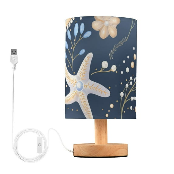 Seashells Seastars Bedside Table Lamp LED Warm Lights with USB Charging Port Retro Cylinder Desk Lamps