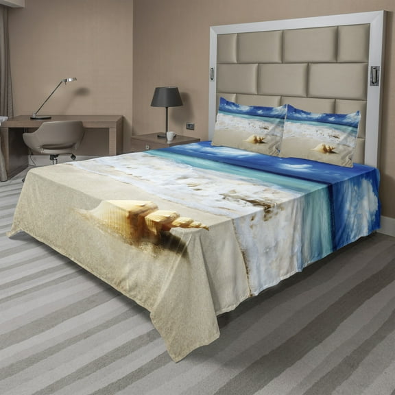 Ambesonne Beach Fitted & Top Sheet Set with Shams, Nautical Sunny Coastline, Sand Brown Aqua Blue