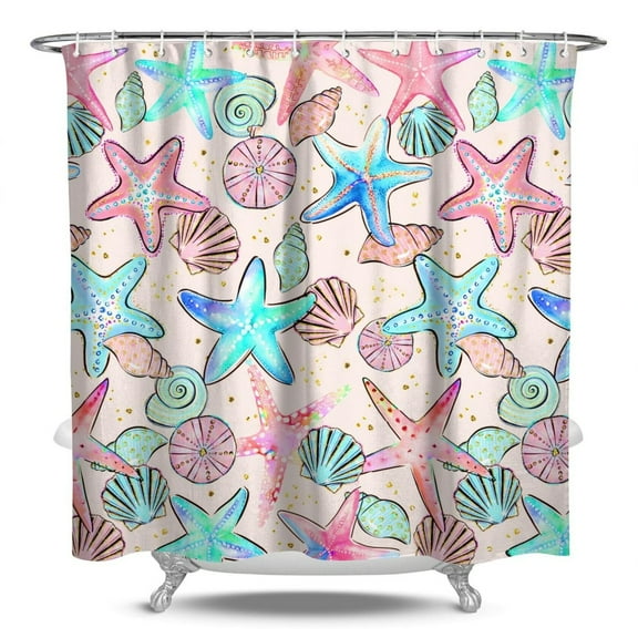 Seashells Shower Curtain Waterproof Fabric, Starfish Seahorse Ocean Coral Tropical Nautical Marine Pattern Bathroom Shower Curtain, Vintage Beach Seaside Summer Design with Plastic Hooks