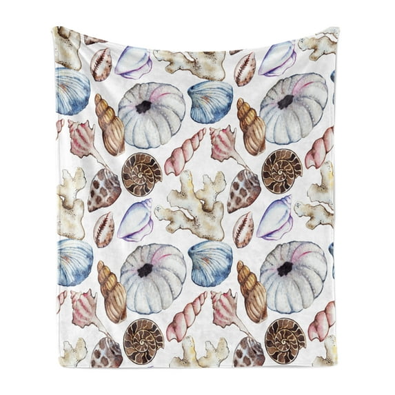 Seashells Soft Flannel Fleece Blanket, Clam Coral Watercolor Urchin Sealife Reef Creative Warm Weather Background Beach, Cozy Plush for Indoor and Outdoor Use, 50" x 70", Multicolor, by Ambesonne