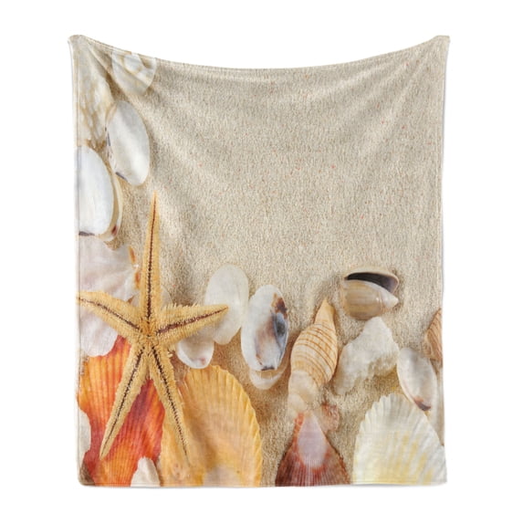 Seashells Soft Flannel Fleece Blanket, Group of Seashells Starfish on the Sand Romantic Travel Destination Nature, Cozy Plush for Indoor and Outdoor Use, 50" x 60", Beige Ivory Cream, by Ambesonne