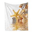 thumbnail image 1 of Seashells Soft Flannel Fleece Blanket, Shells and Starfish Reflection Water Golden Yellow Spa Clear Beach Theme, Cozy Plush for Indoor and Outdoor Use, 50" x 70", Earth Yellow Cream, by Ambesonne, 1 of 5