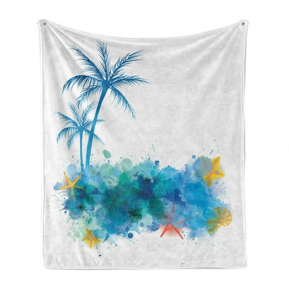 Seashells Soft Flannel Fleece Blanket, Summer View Watercolors Coconut Palm Trees and Splashes Hiding Starfishes Print, Cozy Plush for Indoor and Outdoor Use, 50" x 60", Blue White, by Ambesonne