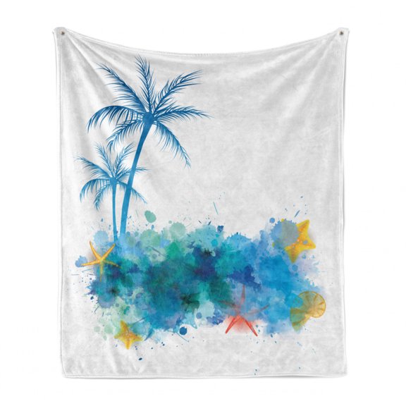 Seashells Soft Flannel Fleece Blanket, Summer View Watercolors Coconut Palm Trees and Splashes Hiding Starfishes Print, Cozy Plush for Indoor and Outdoor Use, 50" x 60", Blue White, by Ambesonne