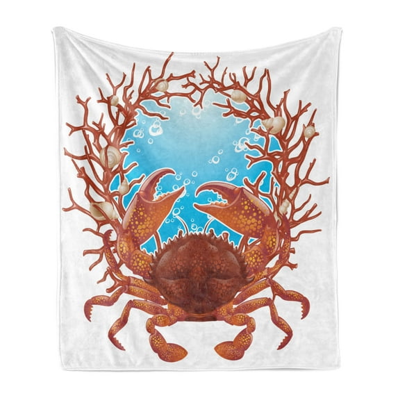 Seashells Soft Flannel Fleece Throw Blanket, Crab Spiral Seashells and Red Coral Frame Aquarium Claws Nature, Cozy Plush for Indoor and Outdoor Use, 50" x 60", Dark Orange Burgundy, by Ambesonne