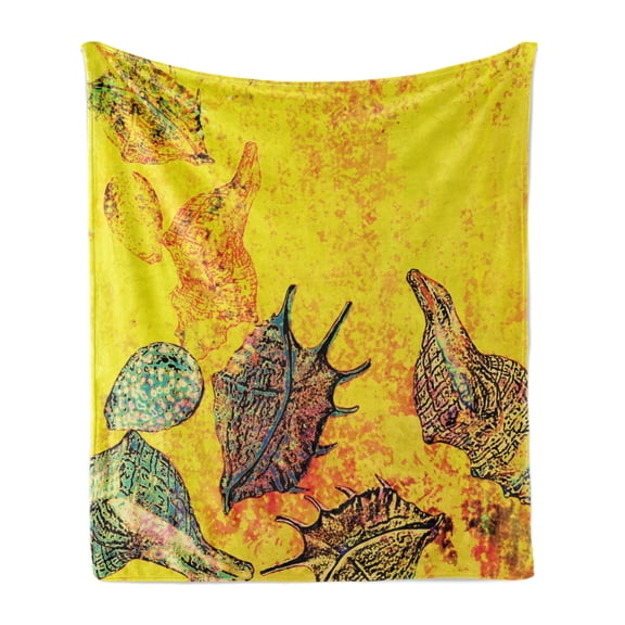 Seashells Soft Flannel Fleece Throw Blanket, Faded Style Distressed Backdrop with Seashells Underwater Marine Theme, Cozy Plush for Indoor and Outdoor Use, 50" x 60", Yellow Teal, by Ambesonne