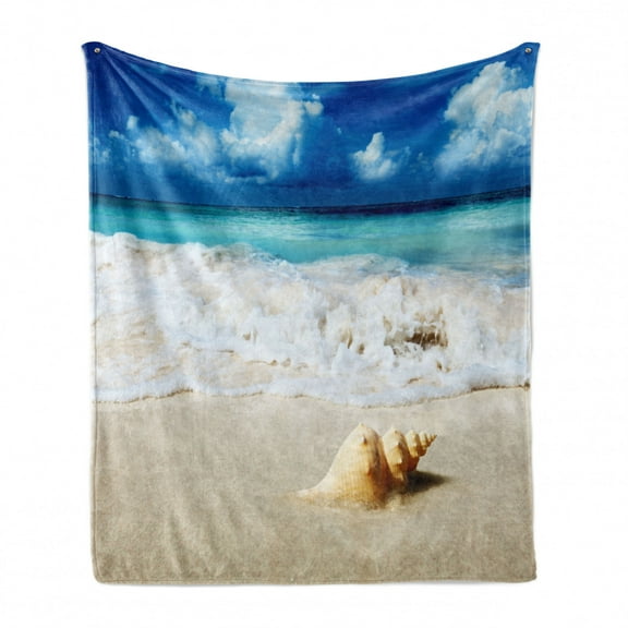 Seashells Soft Flannel Fleece Throw Blanket, Nautical Picture of Sunny Sandy Coastline Caribbean Ocean with Waves, Cozy Plush for Indoor and Outdoor Use, 60" x 80", Sand Brown Aqua Blue, by Ambesonne