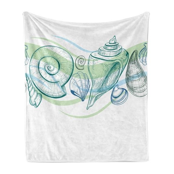 Seashells Soft Flannel Fleece Throw Blanket, Pastel Color Graphics of Mollusk Sketchy Features and Other Sea Elements, Cozy Plush for Indoor and Outdoor Use, 50" x 70", White Green, by Ambesonne