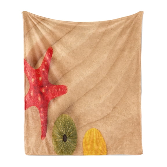 Seashells Soft Flannel Fleece Throw Blanket, Sea Shells on Beach Caribbean Exotic Coastline Summer Starfish, Cozy Plush for Indoor and Outdoor Use, 60" x 80", Sand Brown Yellow, by Ambesonne