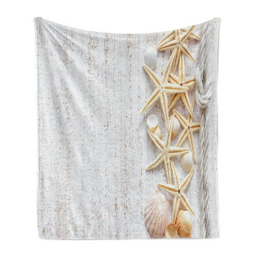 Seashells Soft Flannel Fleece Throw Blanket, Starfish Navy Rope in Vertical Direction Wood Surface Ocean Beach Nautical Print, Cozy Plush for Indoor and Outdoor Use, 60" x 80", Ivory, by Ambesonne
