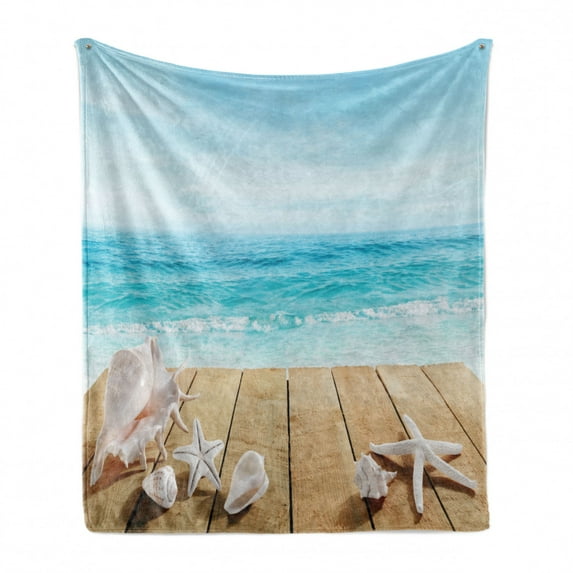 Seashells Soft Flannel Fleece Throw Blanket, Wooden Boardwald Sunshine Vacations Beach Theme, Cozy Plush for Indoor and Outdoor Use, 70" x 90", Pale Brown Beige, by Ambesonne