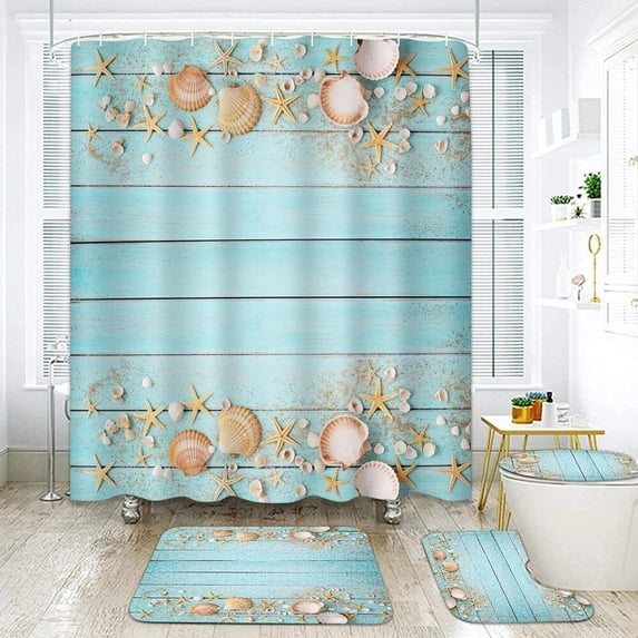Seashells StarShower Curtain Set Tropical Ocean Beach Blue Deck Plank Wooden Board Scenery Bathroom Curtains Rugs Bath Mats